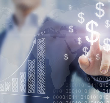 Payment Processing Set-Up with A man in a business suit points to dollar signs and a graph that shows a tremendous increase, demonstrating increased profitability.