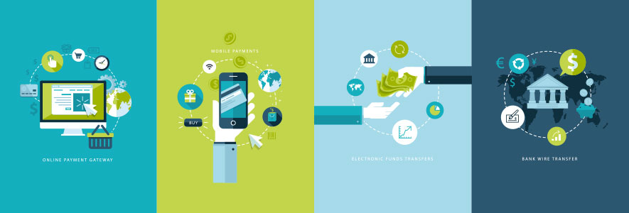 a digital illustration showing payment processing trends from electronic checks to mobile wallets, the world has gone cashless, making payment processing from companies like Total-Apps, Inc. so important.